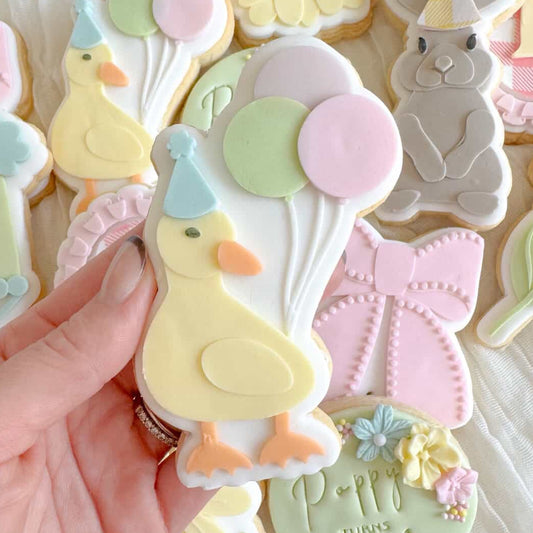 Duckling with Party Hat and Balloons Cookie Stamp & Cutter