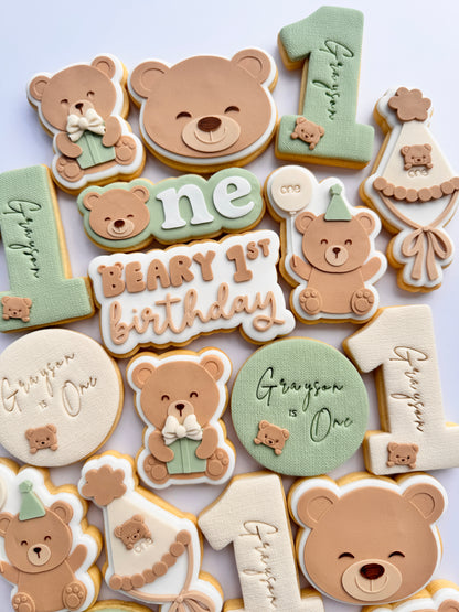 Beary First Birthday Text Cookie Stamp & Cutter